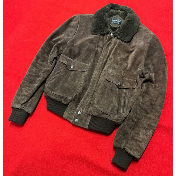 Challenger Mens Suede Bomber Jacket Fur Collar Zip Front Brown Leather